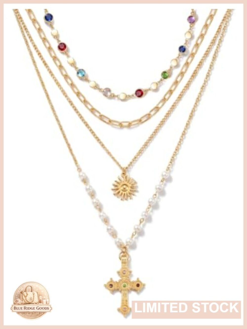 Gold Plated Layered Cross Necklace Set Adjustable Boho Jewelry 4 Pc